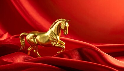 赤い布の中で金の馬が立ち輝く午年干支お正月の豪華な年賀状壁紙背景