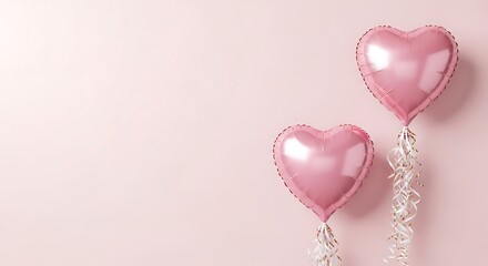 Two shiny pink heartshaped foil balloons with streamers float against a soft, pale pink background for celebration Background image