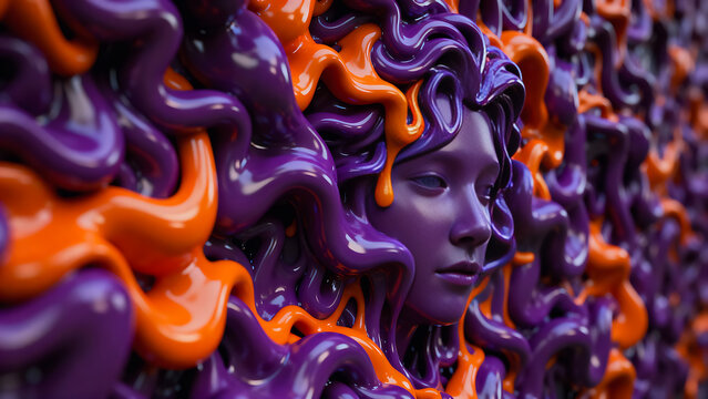 Futuristic Liquid Sculpture Purple  Orange Abstract 3D Face Render