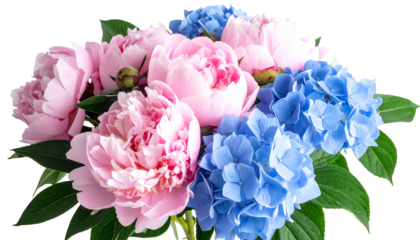 A vibrant bouquet of pink peonies and blue hydrangeas with green foliage