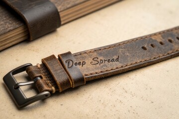 Close up of a distressed brown leather strap with embossed text