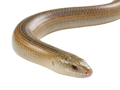 Curious brown slow worm, legless lizard reptile. Calm wildlife animal in close up portrait, isolated on transparency background