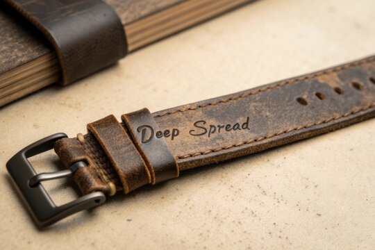 Close up of a distressed brown leather strap with embossed text
