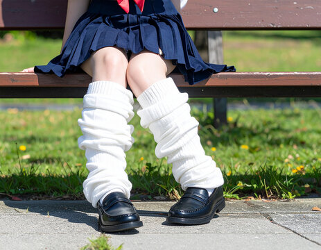 日本の女子高校生（JK）の制服ファッション：ベンチに座ったルーズソックスとプリーツスカートのクローズアップ