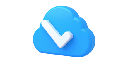 3D render of a stylized blue cloud icon with a white checkmark, against a black background