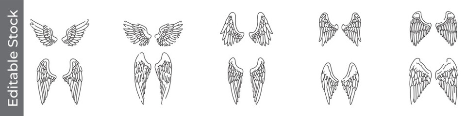 Angel and bird wings line icon set – editable outline symbols of feather, flight, fantasy and spiritual design