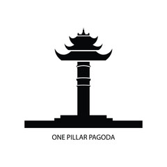 Minimal black silhouette of the One Pillar Pagoda on a clean white background, flat vector-style illustration of the iconic historic Buddhist landmark in Vietnam