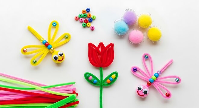 Colorful pipe cleaner crafts including a yellow dragonfly, pink dragonfly, and red tulip, isolated on whiteBackground image