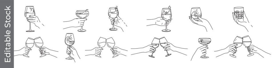 Variety type of hand holding cheers glasses and toasting glasses outline icon set &ndash; editable outline symbols of cheers, water, hand, drink, celebration and party