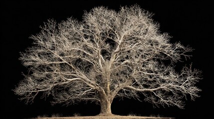 Bare tree with intricate branches against a solid black backdrop