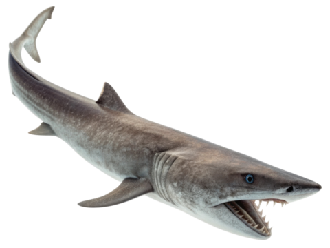 Menacing grey shark swimming isolated with an open mouth showing sharp teeth. wild, dangerous, and ferocious marine predator in sea