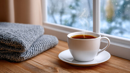 serene winter scene of a coffee cup, knit blanket and winter scenery