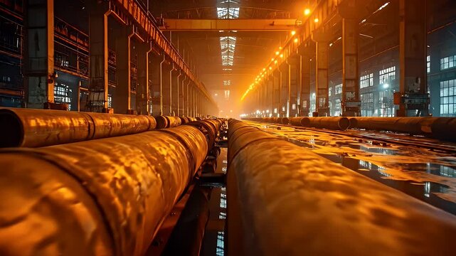 Industrial Warehouse Interior With Rows Of Large Metal Pipes And Reflective Floor Under Warm Artificial Lighting