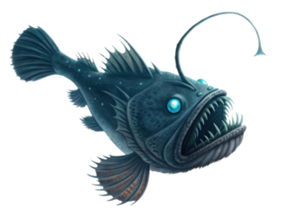 Menacing deep sea anglerfish monster with bioluminescent lure. fierce underwater predator with sharp teeth and glowing eye, isolated