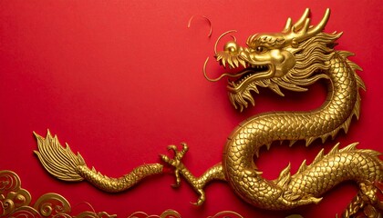 Obraz premium Golden Chinese dragons facing each other on a festive red background with cherry blossoms and lanterns, perfect for celebrating Lunar New Year or cultural design decorations.