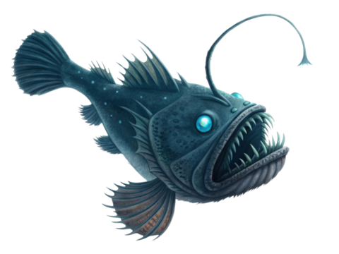 Menacing deep sea anglerfish monster with bioluminescent lure. fierce underwater predator with sharp teeth and glowing eye, isolated