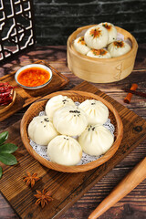 Delicious Chinese Steamed Pork Buns with Spicy Sauce Traditional Asian Breakfast Dim Sum Food
