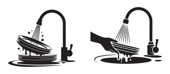 Dishwashing Icon Vector, Sink, Faucet, Cleaning Plates and Kitchen Hygiene Graphics.