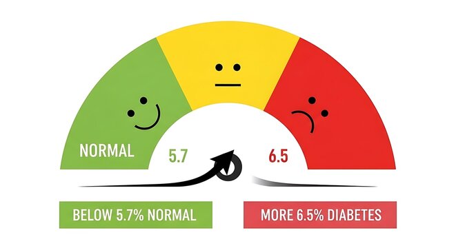 A1c blood sugar level meter showing normal, prediabetes, and diabetes ranges with corresponding smiley faces, isolated on white background image