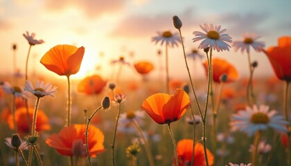Obraz premium Wild poppy and daisy flowers bloom in a sunny field. Golden sun warms the meadow. Summer nature scene shows blooming plants. Spring blossom background with natural beauty.