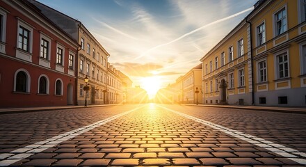 Cobblestone street leading towards a bright, setting or rising sun between historic buildings in a european town square Background image