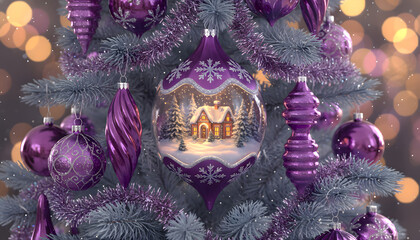 Close up of purple christmas tree ornament decoration with bokeh