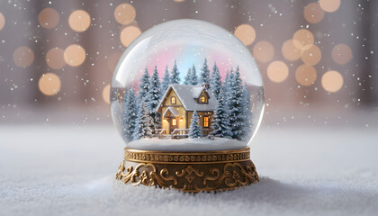 A glowing snow globe with a cozy cabin in a winter forest scene