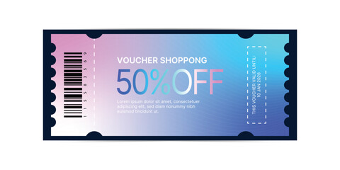 Holographic Shopping voucher vibrant blue and pink gradient background, admit one ticket, Coupon ticket
