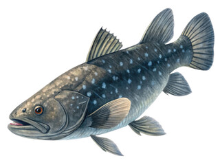 Fototapeta premium Majestic coelacanth fish illustration, an ancient living fossil. This rare prehistoric marine life creature of deep ocean wildlife isolated