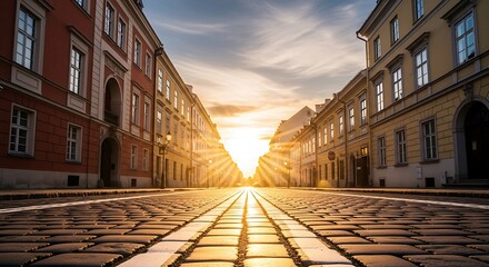 Dramatic lowangle view down a cobblestone street lined with historic european buildings as the sun sets brightly between them Background image