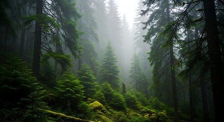 Fototapeta premium Dense green forest across mountain hills with soft foggy atmosphere.