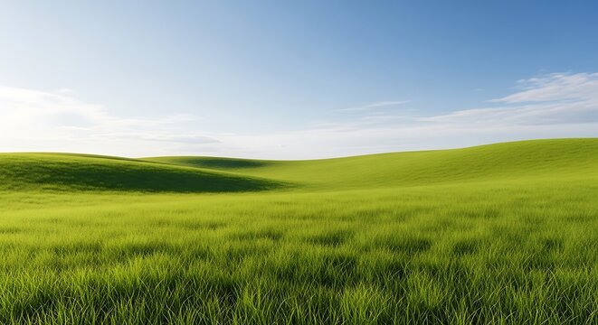 Natural bright open meadow field stretching across rolling hills with clear sky.