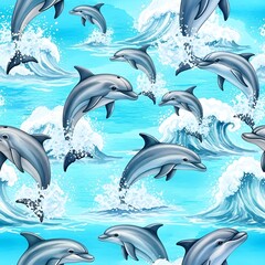 Playful Dolphins Leaping in Ocean Waves Pattern