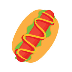 Classic hot dog with sausage, lettuce, mustard, and ketchup fast food vector illustration