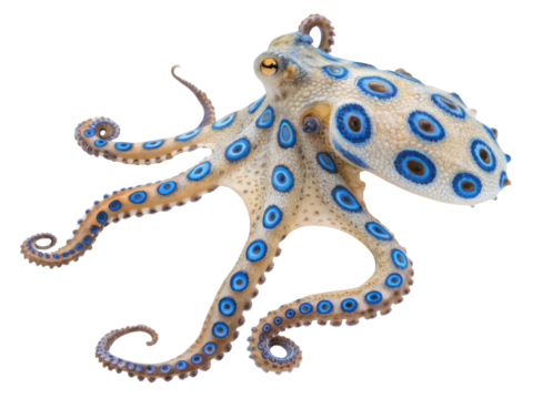 Dangerous and venomous blue ringed octopus. threatening marine wildlife animal creature isolated showing its beautiful blue pattern