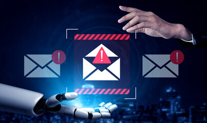A futuristic robotic hand interacts with email notifications emphasizing alertness in digital communication, showcasing the intersection of technology and automation. Gantry