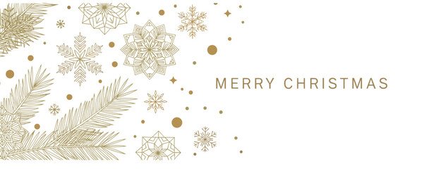 Elegant Merry Christmas banner featuring luxurious gold outline snowflakes and fir tree branches on a clean white background, perfect for a chic, minimalist holiday greeting card vector. © Its Ariful 