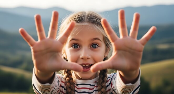 Closeup portrait of a happy young girl with blonde braids showing ten fingers outdoors against a blurred mountain backdrop Background image
