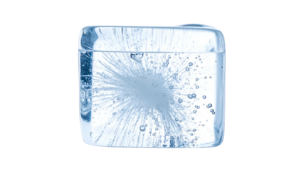 A translucent ice cube containing a frozen burst of light and tiny bubbles