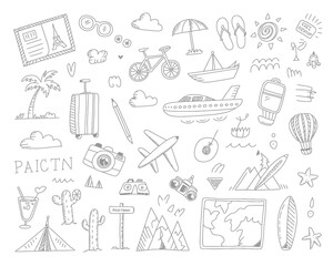 Hand drawn travel doodles featuring transportation and vacation icons
