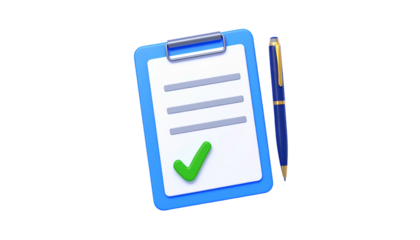A blue, 3D-rendered clipboard with a check mark, paired with a pen. Dark background
