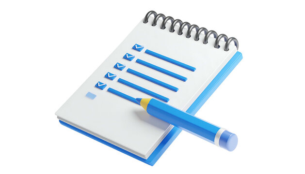 A 3D rendered, blue and white spiral bound notebook with completed checklist and pencil