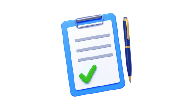 A blue, 3D-rendered clipboard with a check mark, paired with a pen. Dark background