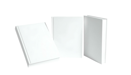 Three blank hardcover books, angled and upright, casting soft shadows on a transparent background