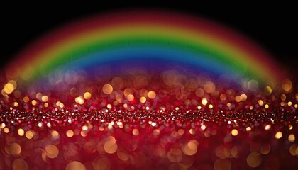Vibrant rainbow arching over sparkling red glitter and bokeh lights background.