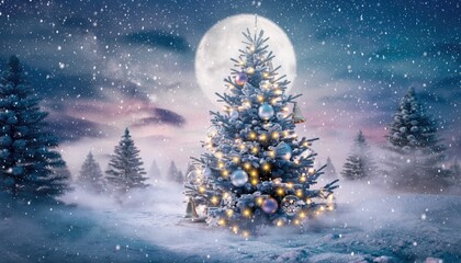 Enchanting Christmas Tree Illuminated Under a Full Moon in a Snowy Forest.
