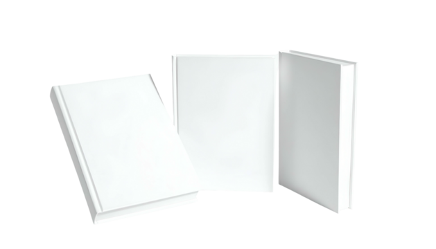 Three blank hardcover books, angled and upright, casting soft shadows on a transparent background