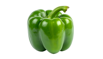 A close-up studio shot showcases a vibrant green bell pepper on a black background