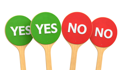 Four circular signs with YES and NO texts, green and red. They stand on wooden sticks