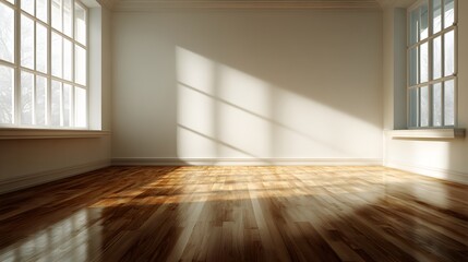 Fototapeta premium Realistic interior empty room hardwood floor cream wall balanced shadows studio feel